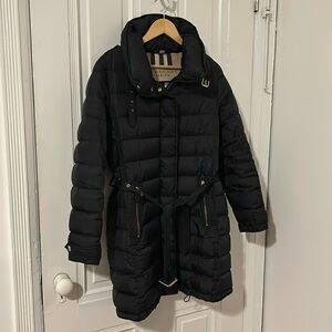 Burberry Brit Navy Down Puffer Coat with Tie Belt, Size L